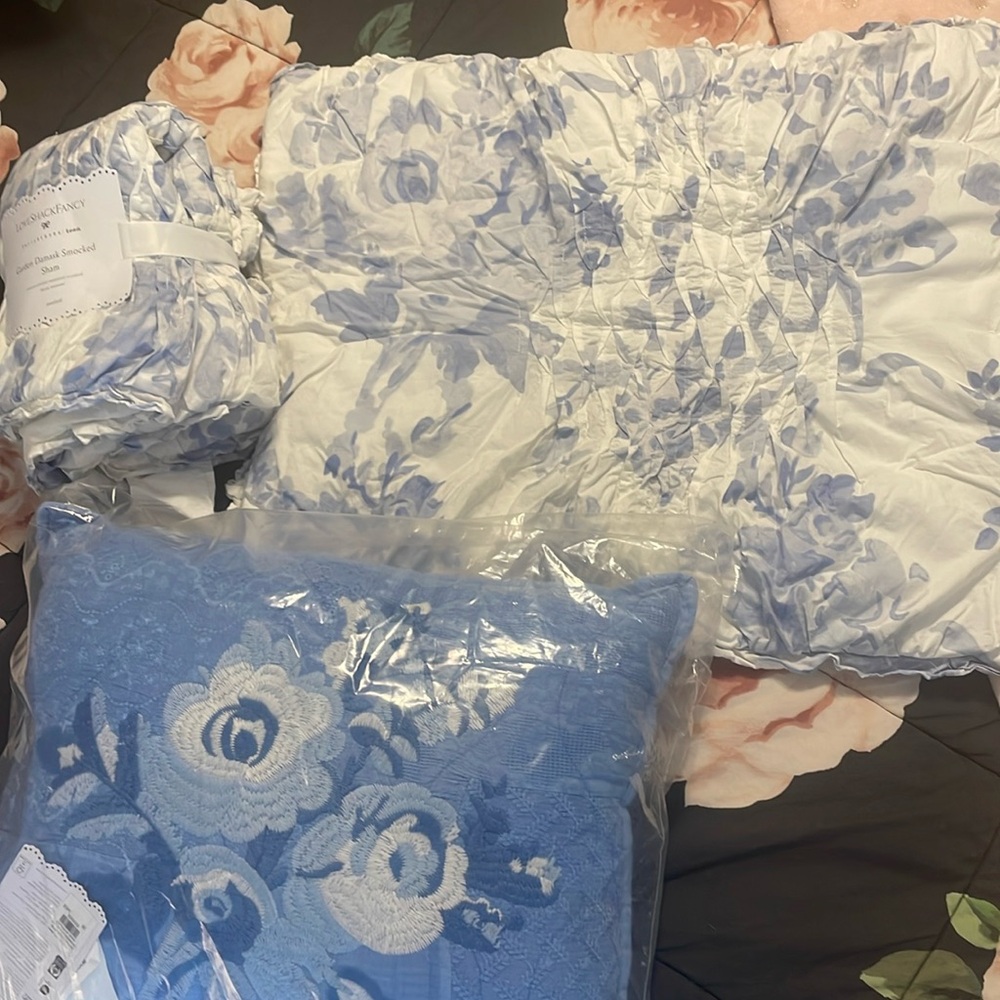 Pottery barn teen, love shack fancy, 2 shams, and throw pillow